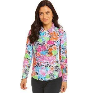 IBKUL Bamboo Garden Polo Top  S M L Multicolor Long Sleeve Zip Golf Shirt